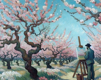 Vincent paints a cherry orchard in bloom. Van Gogh AI Inspiration. PNG 3000x3000 px, 72ppi. Suitable for printing on canvas and framing.