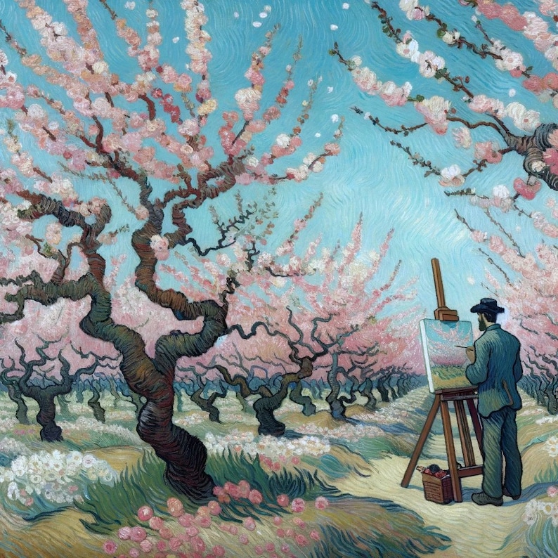 Vincent pinta un huerto de cerezos en flor. Inspiración de la IA de Van Gogh. PNG 3000x3000 píxeles, 300 ppp. Apto para impresión sobre lienzo y enmarcado. imagen 1