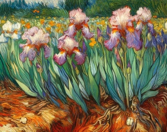 Variación de Iris (frente). Inspiración de la IA de Vincent van Gogh. PNG 3500x2579 píxeles, 300 ppp. Apto para impresión sobre lienzo y enmarcado.