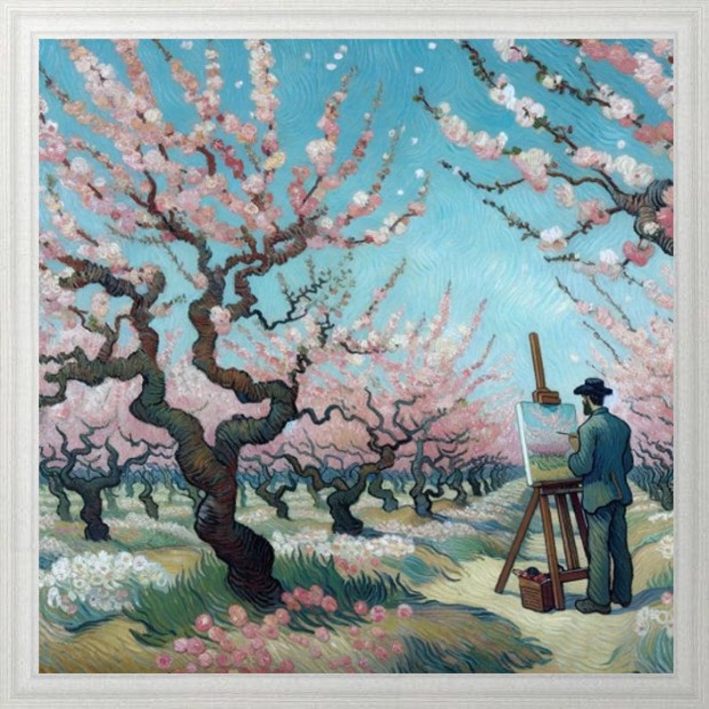 Vincent pinta un huerto de cerezos en flor. Inspiración de la IA de Van Gogh. PNG 3000x3000 píxeles, 300 ppp. Apto para impresión sobre lienzo y enmarcado. imagen 6