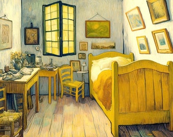 Variación de "El Dormitorio". Inspiración de la IA de Vincent van Gogh. PNG 3000x3000 píxeles, 300 ppp. Apto para impresión sobre lienzo y enmarcado.