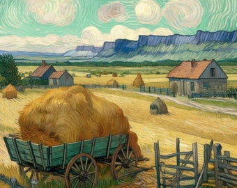La cosecha. Inspiración de la IA de Vincent van Gogh. PNG 3000x3000 píxeles, 300 ppp. Apto para impresión sobre lienzo y enmarcado.