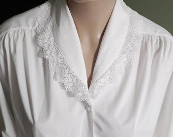 Vintage LAURA ASHLEY Blouse White Cotton Shawl Collar Lace Edwardian Style RARE