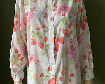 Vintage LAURA ASHLEY Blouse Shirt Semi Sheer Cotton Oversize Floral & Strawberry Print
