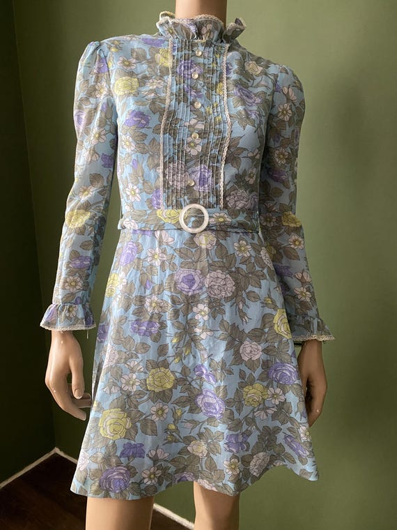 RARE Vintage 60s 70s DollyRockers Sambo Mini Dress Belt Ruffle Psychedelic Floral