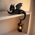 Reading Dragon Shelf Decor with LED Lantern, 3D Printed Dragon Figurine, Fantasy Book Lover Gift, Gothic Bookshelf Decor product logo