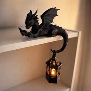 Boekenplankdecoratie met draak en LED-lantaarn, 3D-geprinte draakfiguur, cadeau voor fantasyboekenliefhebbers, gotische boekenplankdecoratie