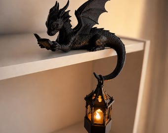 Decoración de estantería con forma de dragón lector con linterna LED, figura de dragón impresa en 3D, regalo para amantes de los libros de fantasía, decoración de estantería gótica.