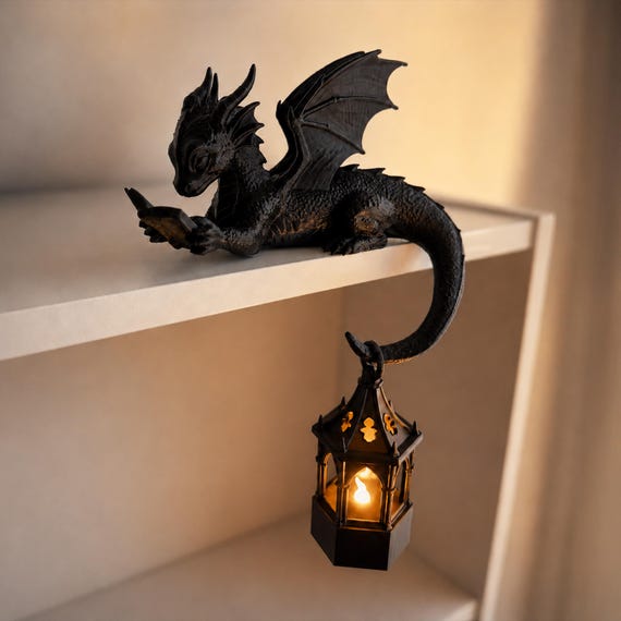 Reading Dragon Shelf Decor with LED Lantern, 3D Printed Dragon Figurine, Fantasy Book Lover Gift, Gothic Bookshelf Decor