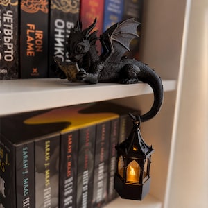 3D printed dragon reading a book on the edge of a shelf with a warm glowing LED lantern below.
