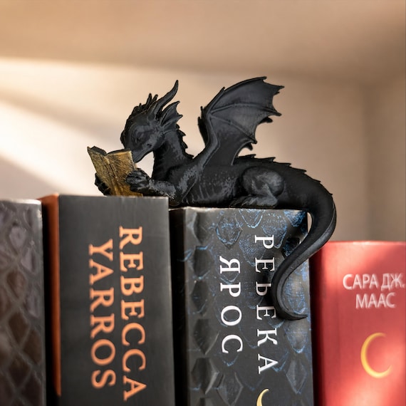 Reading Dragon Bookshelf Decor, 3D Printed Black Dragon Figurine, Fantasy Book Lover Gift, Gothic Reading Nook Decor
