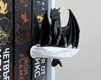 Dragon Bookshelf Decor, Black Dragon on Stone Shelf Accent, Fantasy Book Lover Gift, Gothic Shelf Decor, Book Nook Decoration