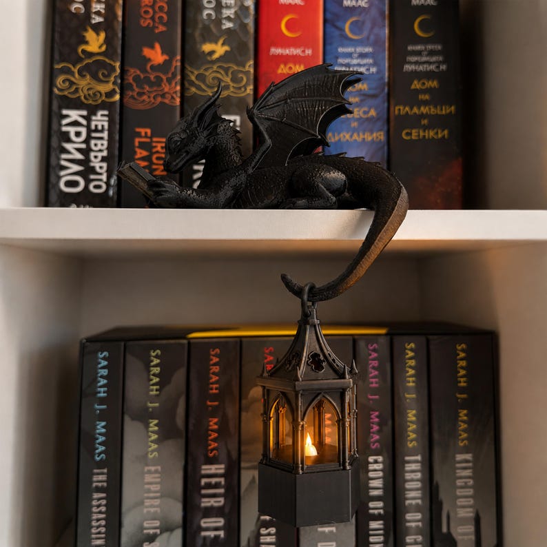 Side view of a black reading dragon on a shelf with a hanging lantern and fantasy books in the background.