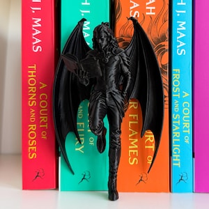 Pu&ograve; includere: Una statuetta nera di una figura alata, che legge un libro, si trova di fronte a una fila di libri colorati. I libri hanno titoli come "A Court of Thorns and Roses" e "A Court of Frost and Starlight" di H.J. Maas.
