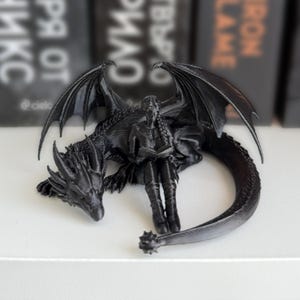 Pode incluir: Uma estatueta preta impressa em 3D apresentando uma pessoa com uma trança longa sentada e lendo um livro, encostada em um grande dragão com asas abertas, chifres afiados e uma ponta de cauda com espinhos, tudo em um acabamento fosco sólido.