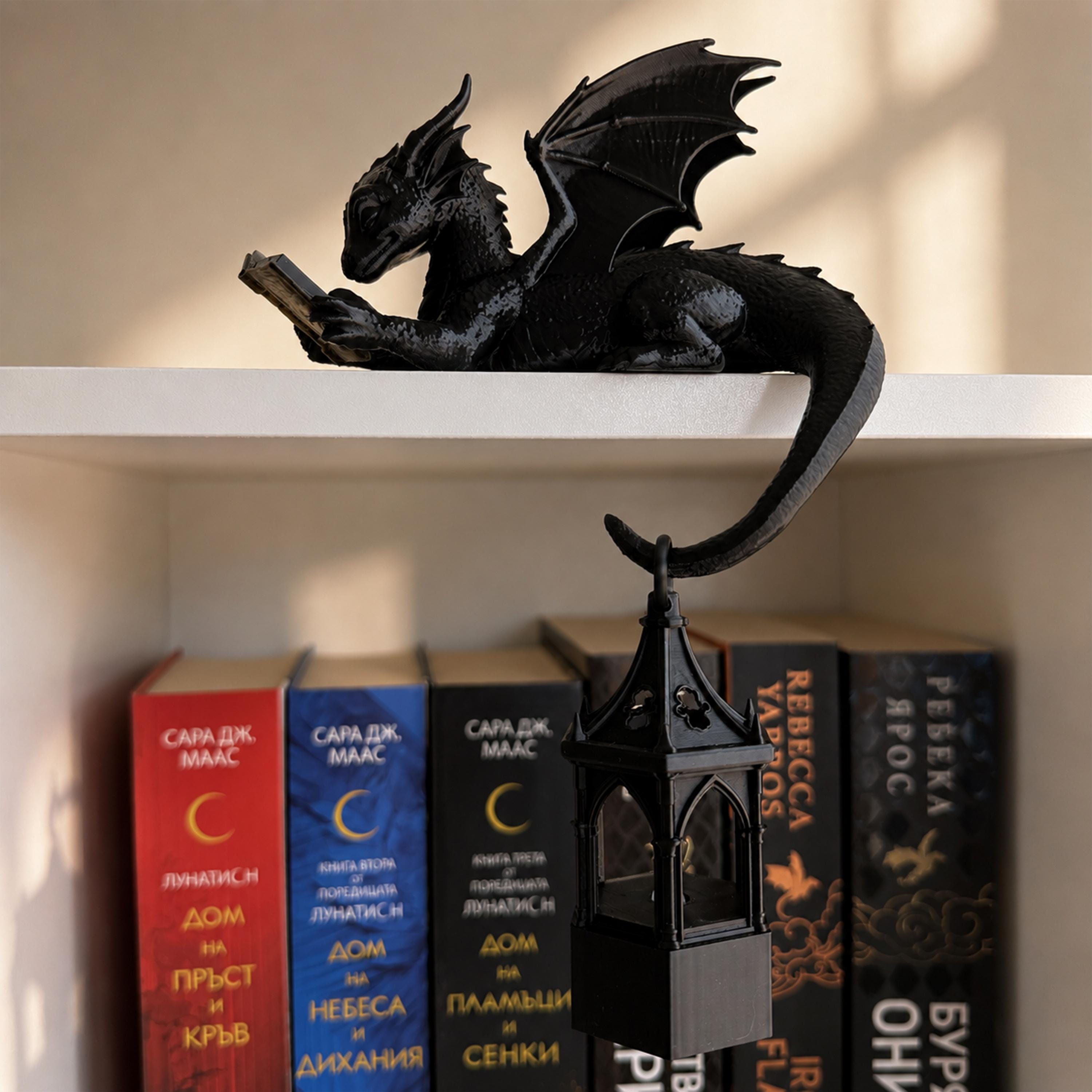 Reading Dragon Shelf Decor With LED Lantern, 3D Printed Dragon