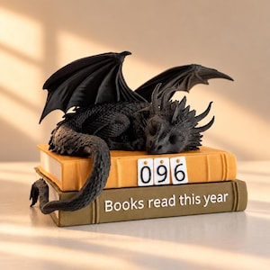May include: A black dragon figurine with textured scales and spread wings resting on two stacked books. The top book is yellow with the number 096 displayed, and the bottom book is olive green with the text Books read this year.