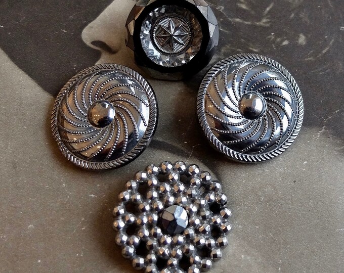4 Lg Vintage Black Glass Buttons Silver Coated