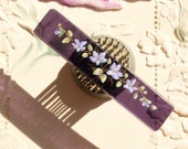 Antique Amethyst Glass Cabochon 19th C Fired On Painted Enamel Flowers