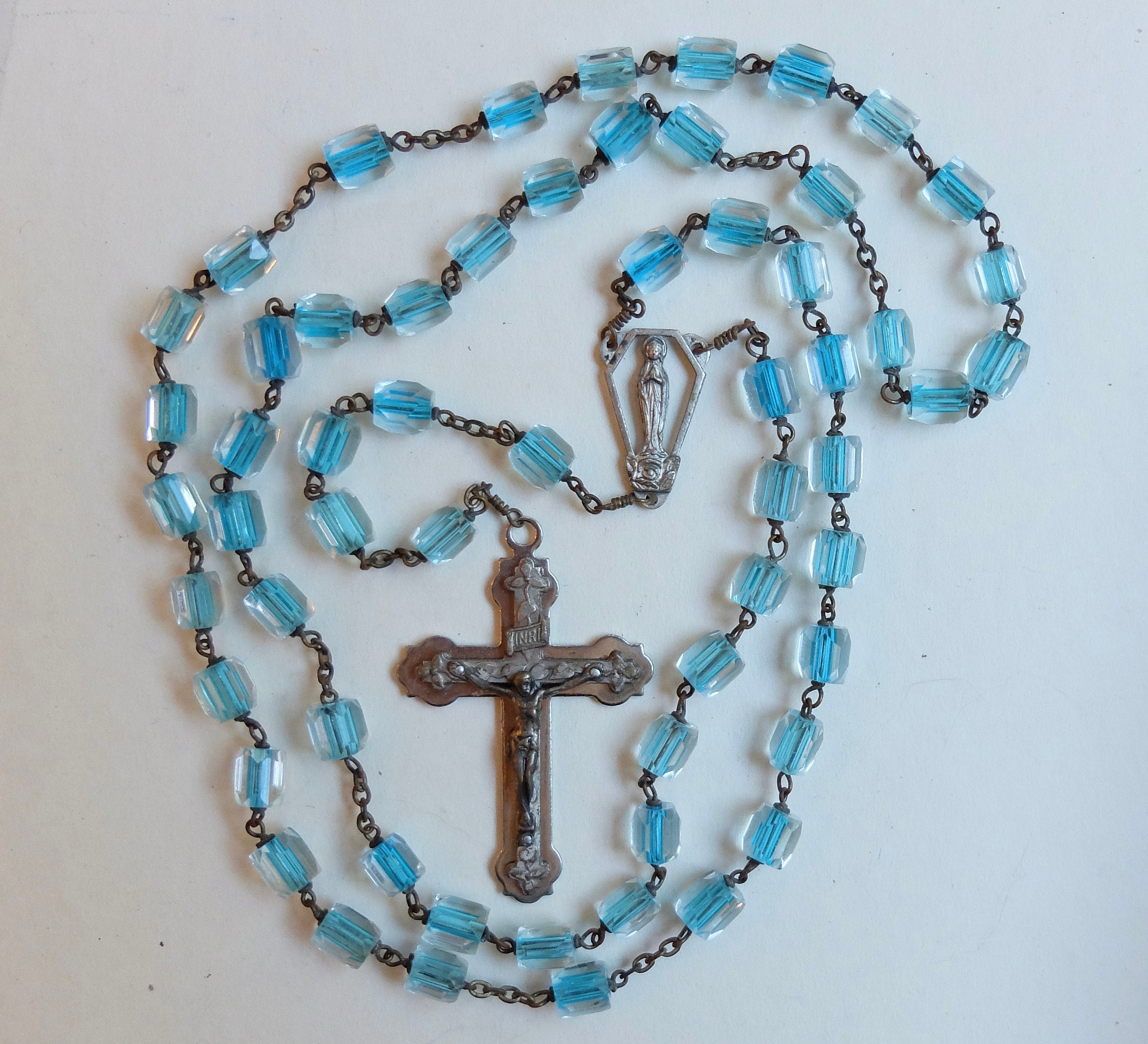 ヴィンテージ ロザリオ ブルー カラー ライン ビーズ 宗教的 十字架