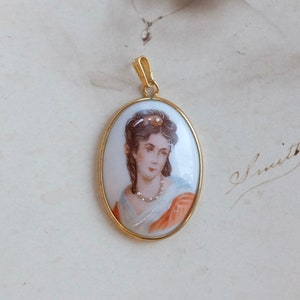 Vintage Pendant Woman Limoges France Porcelain 1/20 12k gold filled