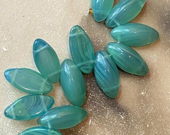 12 Vintage Glass Beads Two Hole Czech Satin Green Pressed Molded Glass