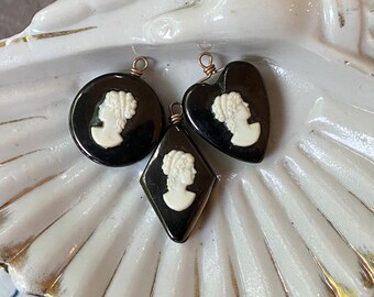 3 Vintage Black Glass Cameo Finding Charms Brass Wired