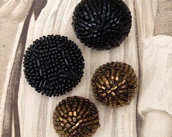 Vintage Beaded Buttons Black Copper Seed Bead