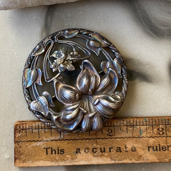 Vintage Sterling Large Floral Pin Round - image 4