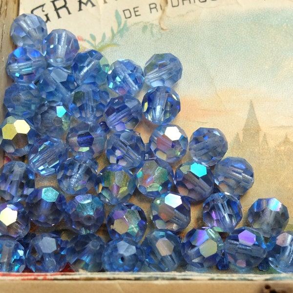 30 8mm Blue Crystal Bead Lot Vintage Aurora Borealis Faceted Glass