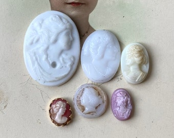 6 Vintage Glass Cameo Cabochon Finding Stone