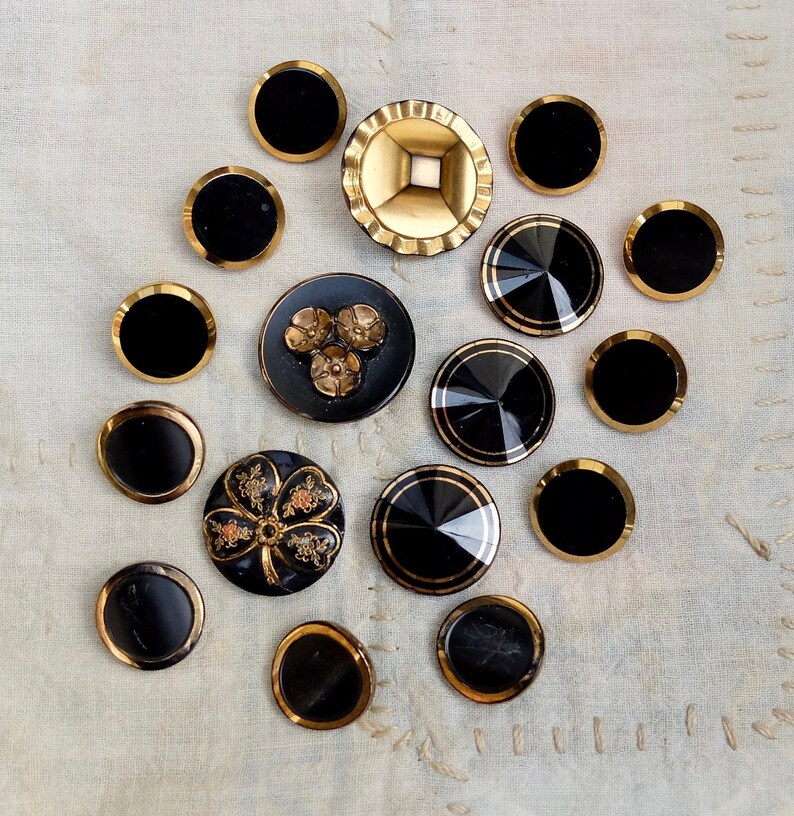 Vintage Black Glass Buttons Gold Paint Accents | Etsy