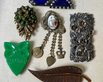 Vintage Jewelry Lot Destash Pins Metal Brass Glass