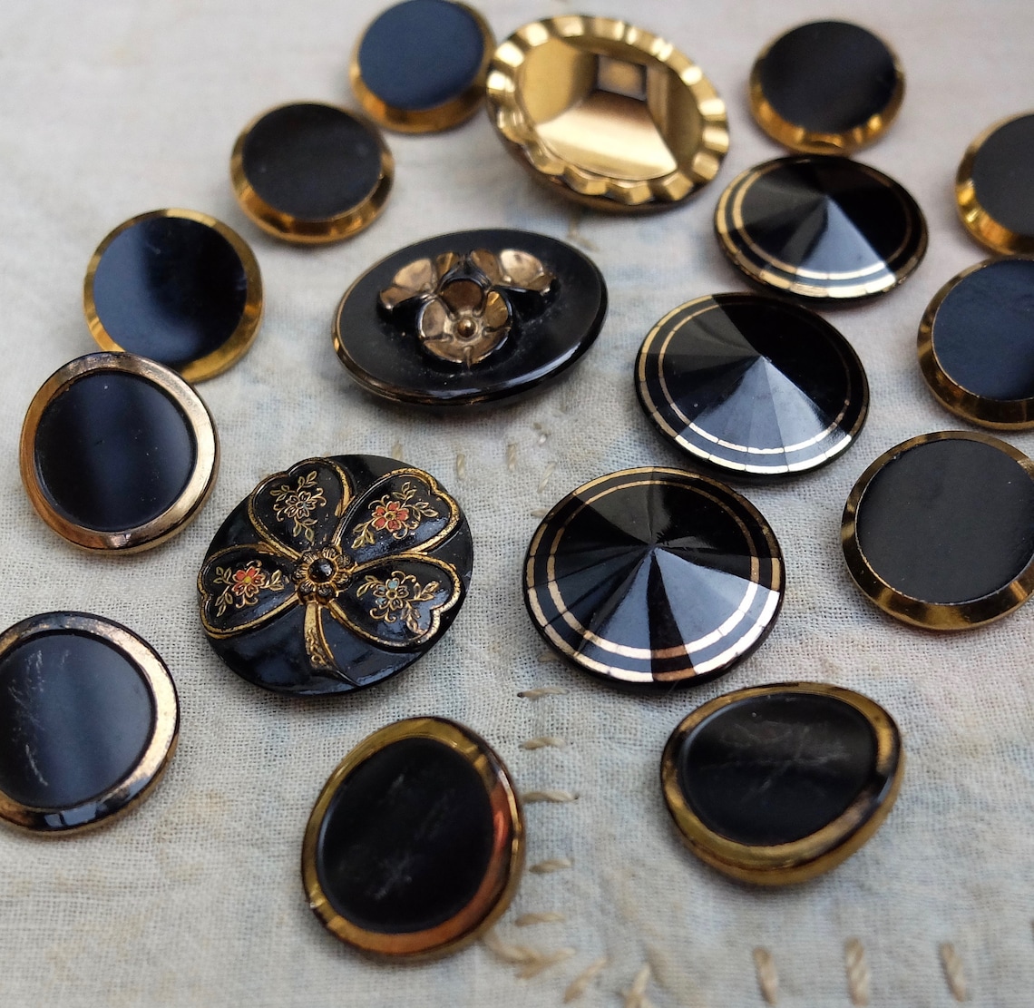 Vintage Black Glass Buttons Gold Paint Accents | Etsy