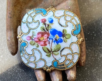 Antique Cloisonne Enamel Button Brass Floral Design