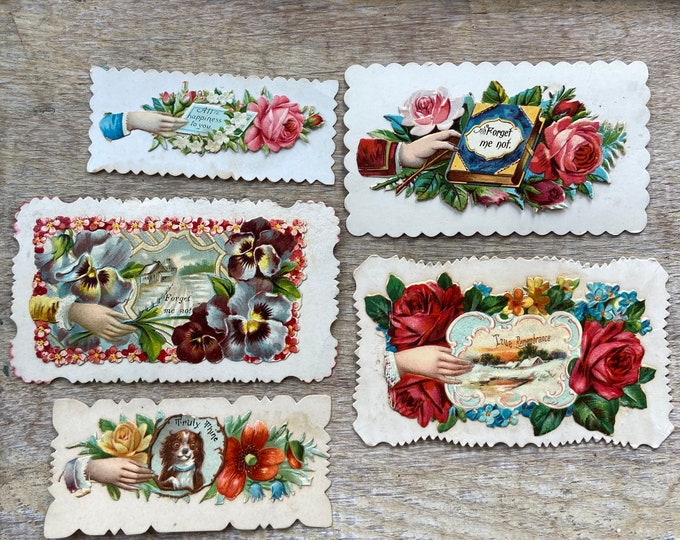 5 Vintage Victorian Calling Cards Die Cut Hands Flowers Sentiments