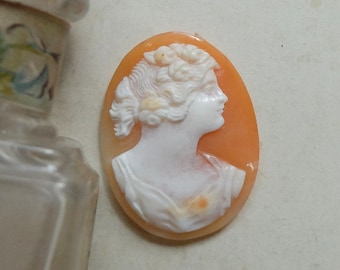 Antique Shell Cameo Cabochon Italy Hand Carved Woman Profile 22mm x 30mm