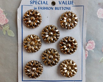 8 Vintage Black Glass Buttons Gold Coated Western Germany La Mode