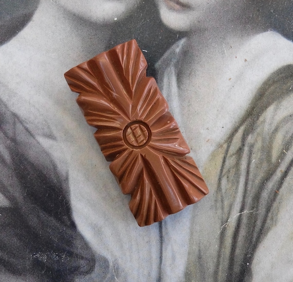 Vintage Bakelite Dress Clip Carved Brown - image 1