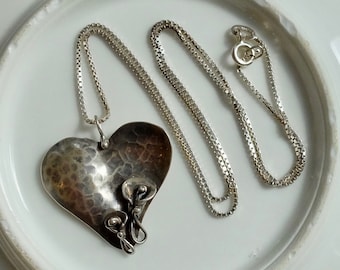 Vintage Sterling Heart Charm Pendant Artisan 925 Box Chain Necklace