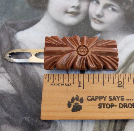 Vintage Bakelite Dress Clip Carved Brown - image 3