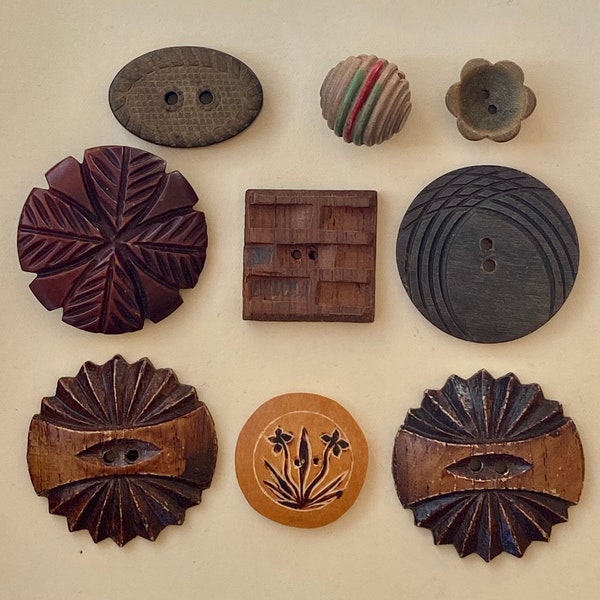 9 Vintage Wooden Buttons Carved Assortment Football