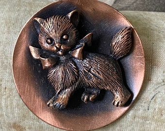 Vintage Cat Pin Kitten Copper Round