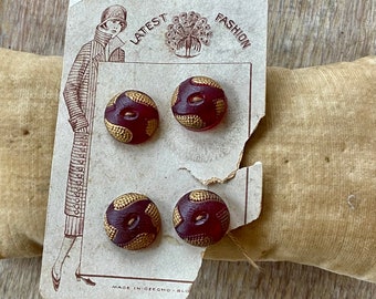 Vintage Glass Buttons Czechoslovakia on Card 1930s Dark Red