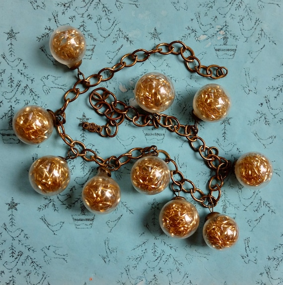 Vintage Necklace Hollow Glass Ball Beads Blown Glass Drops Gold Tinsel Chain Necklace