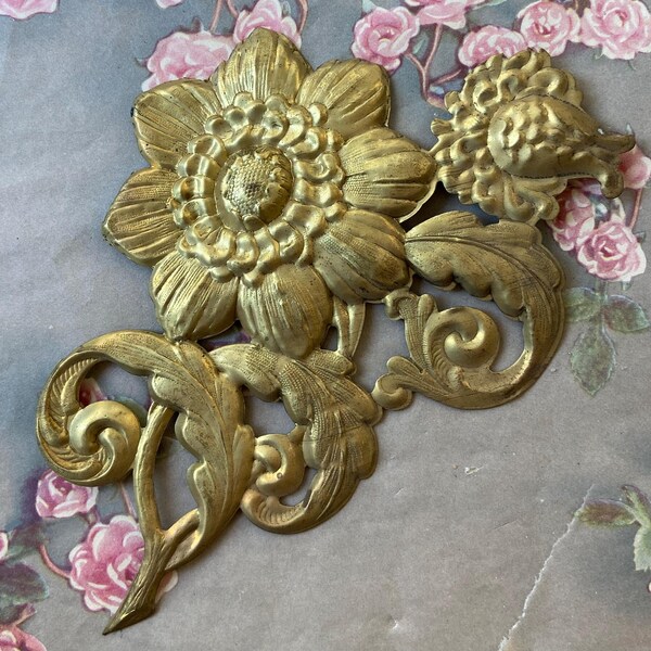 Jumbo Vintage Brass Stamping Flowers Large Original