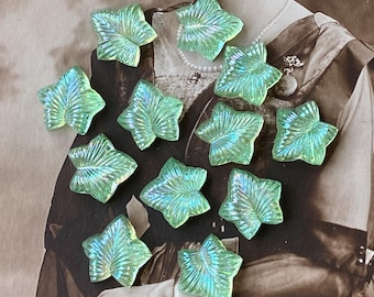 12 Vintage Glass Flatback Ivy Leaf Cabochons Supply Luminous Green