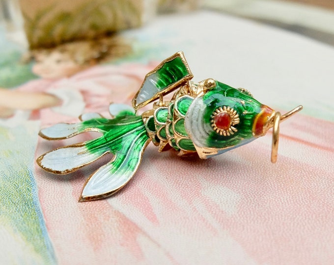 Vintage Enamel Articulated Fish Charm Green Goldfish Koi Pendant Etsy