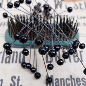 18 Vintage Glass Double Head Pins Victorian Black Glass Stamen Steel image 2