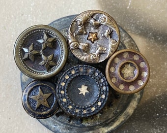 5 Vintage Buttons Brass Metal Star Motif Steel Brass Antique